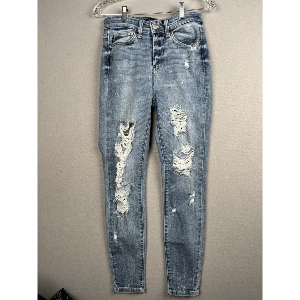 Judy Blue Jeans Women's 3/26 Blue Distressed Skinny Mid Rise Paint Splash 3483
